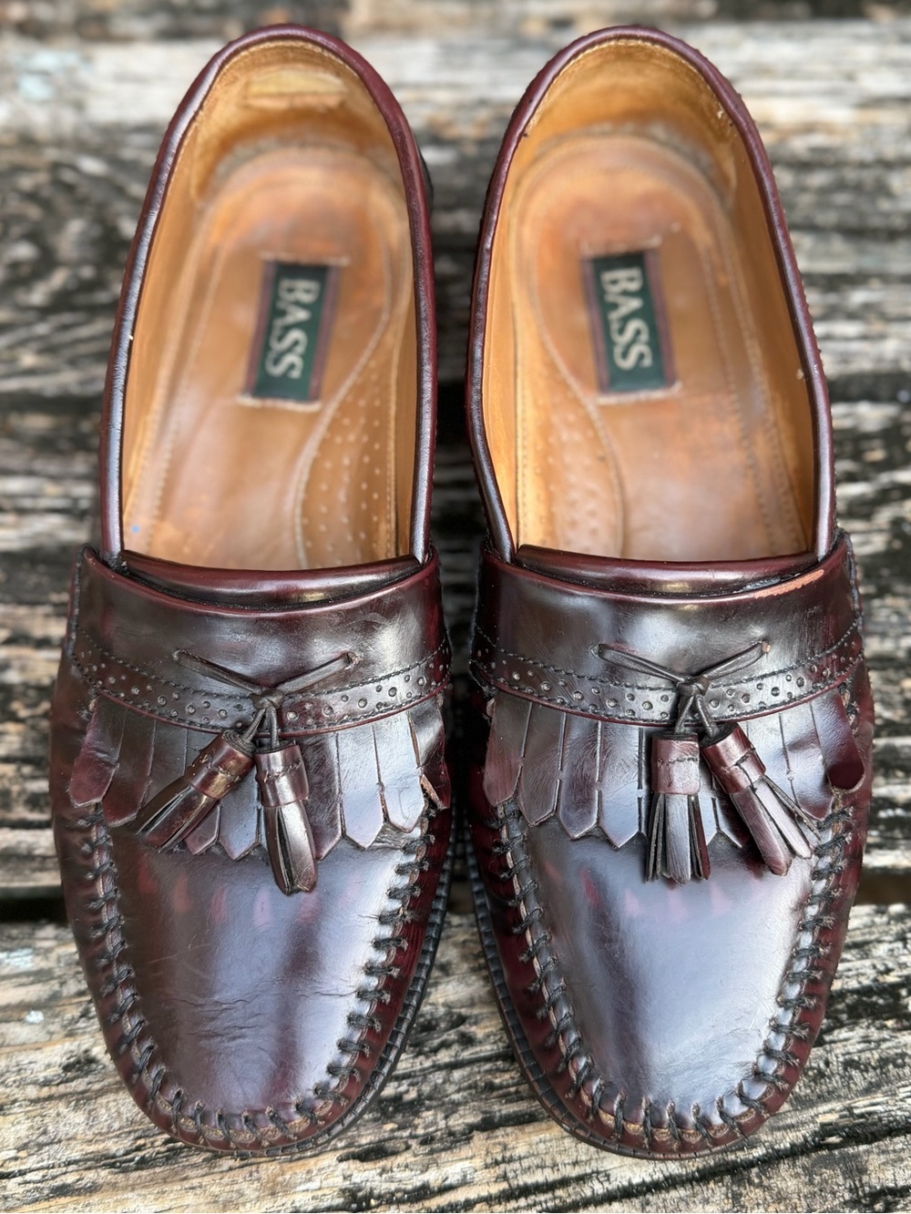 Vintage Bass Nelson Sz 10D Burgundy Leather Tassel Kiltie Loafers with Fringe P4